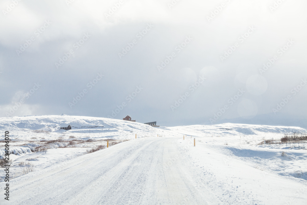 Beautiful and dangerous driving road in winter snow Iceland