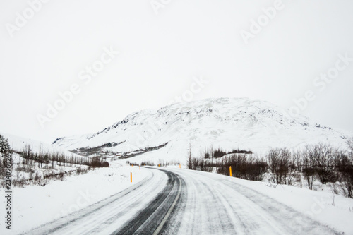 Beautiful and dangerous driving road in winter snow Iceland