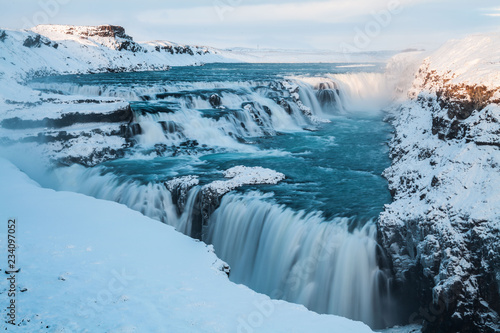Gullfoss waterfall view in the canyon of the Hvita river during winter snow Iceland