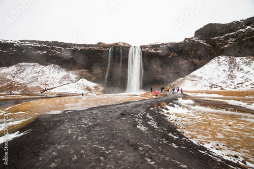 Seljalandsfoss waterfall view during winter which located in the South Region in Iceland right by Route 1 and the road that leads to Porsmork Road 249