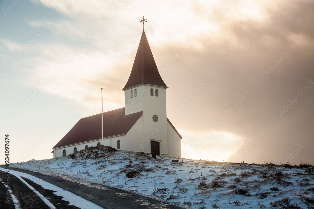 Vik Church view during winter which located in village of Vik in Reynisfjara, Iceland
