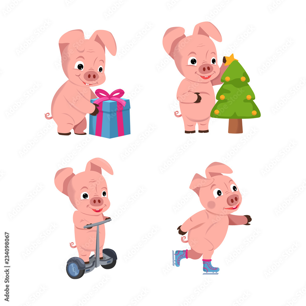 Christmas set of cute little pigs with a gift, christmas tree and skates .
