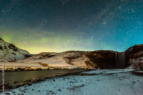 Skogafoss view during winter snow which located in Skoga River in South Iceland