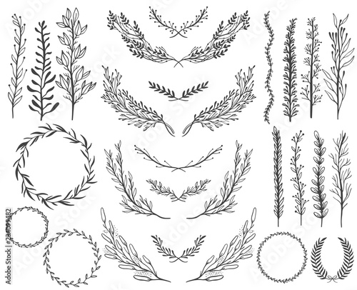 Wedding floral graphic elements set, dividers, laurel. Decorative invitation design.