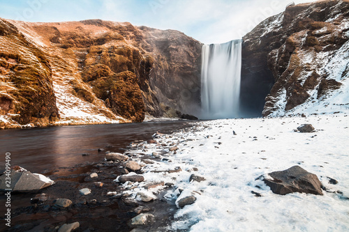 Skogafoss view during winter snow which located in Skoga River in South Iceland © keongdagreat