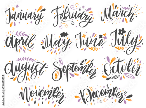 Handwritten names of months: December, January, February, March, April, May, June, July, August,September, October ,November Calligraphy words for calendars and organizers.