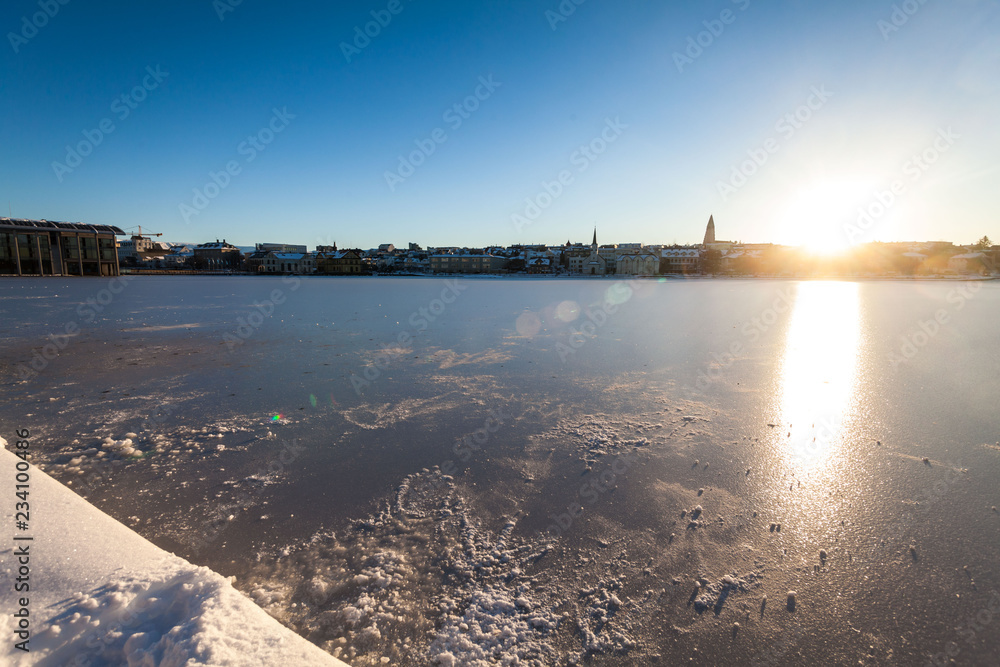Tjornin Lake view during winter which is a prominent small lake in central Reykjavik, the capital of Iceland 