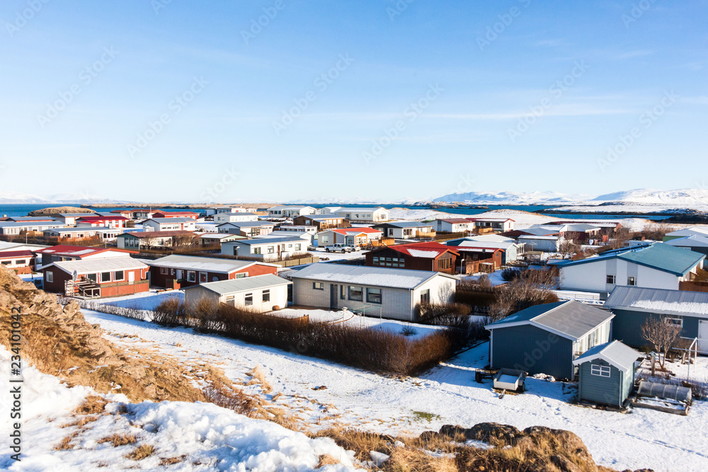 Small town of Stykkisholmur winter view which is a town situated in the western part of Iceland, in the northern part of the Snaefellsnes peninsula