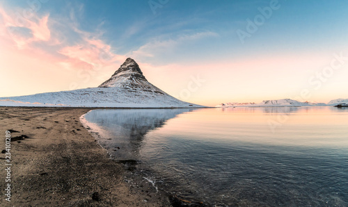 Kirkjufell view during winter snow which is a high mountain on the north coast of Iceland s Snaefellsnes peninsula  near the town of Grundarfjordur 