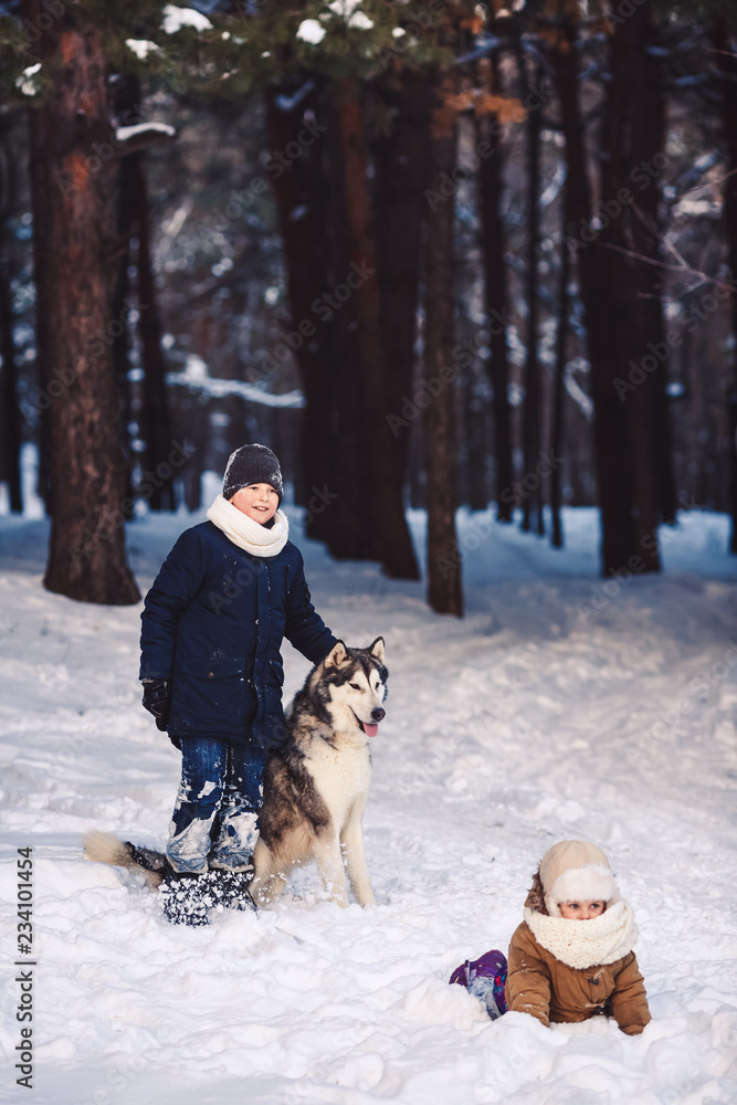 Children have fun playing with their dog in the park in winter.