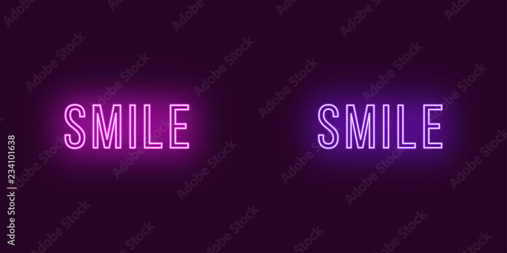Inscription of Smile in neon style. Vector Text Inscription of Smile in neon style. Vector Text
