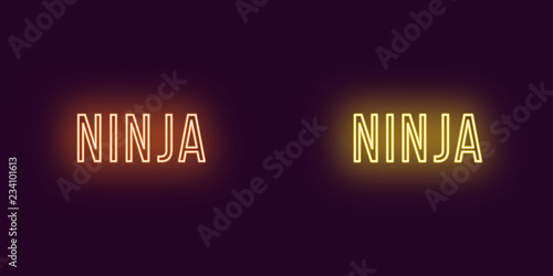 Inscription of Ninja in neon style. Vector Text