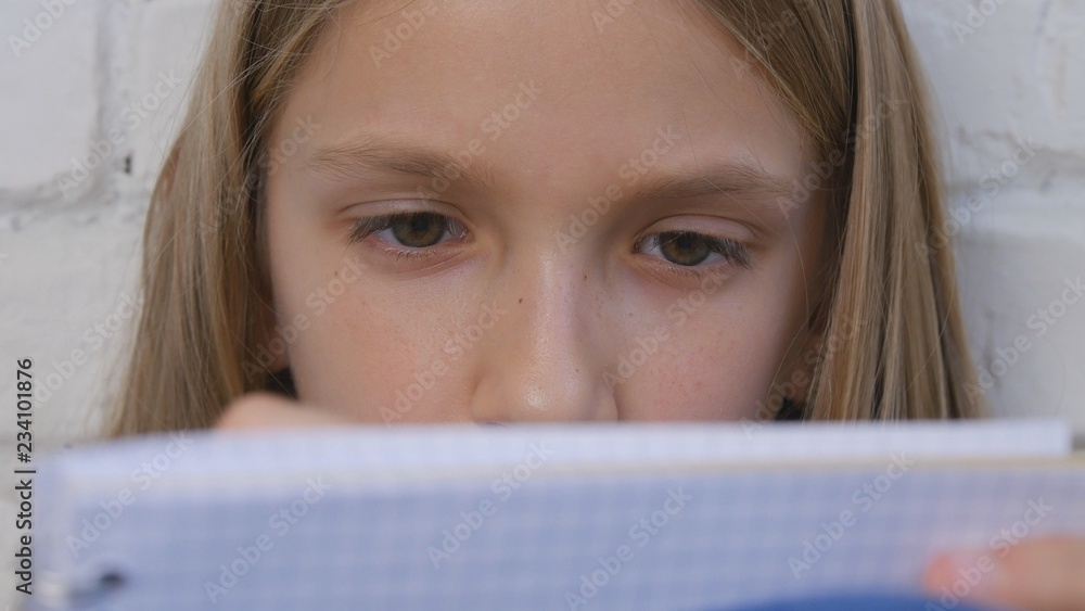 Student Child Writing, Studying, Thoughtful Kid, Pensive Learning School Girl Student Child Writing, Studying, Thoughtful Kid, Pensive Learning School Girl