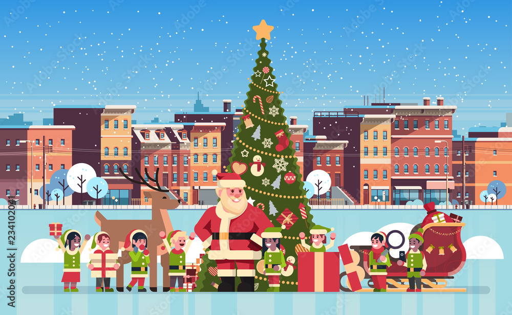 santa claus mix race elves reindeer near decorated pine tree city building houses winter street cityscape background merry christmas happy new year concept flat horizontal vector illustration
