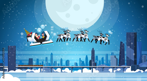 Santa flying in robotic modern sleigh with robot reindeers artificial intelligence merry christmas happy new year greeting card concept monorail cityscape background horizontal flat vector