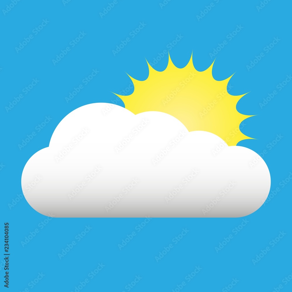 Sun and cloud flat icon isolated on blue background. Sun and cloud sign symbol in flat style. Weather forecast element Sun and cloud flat icon isolated on blue background. Sun and cloud sign symbol in flat style. Weather forecast element
