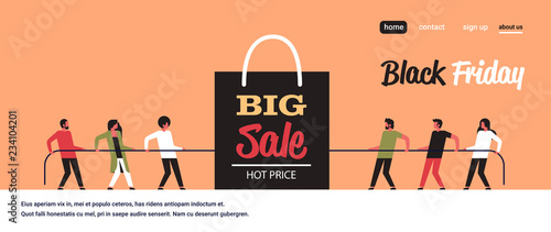 people team pulling opposite ends rope shopping bag big sale black friday super sale holiday promotion discount concept tug of war flat horizontal copy space vector illustration