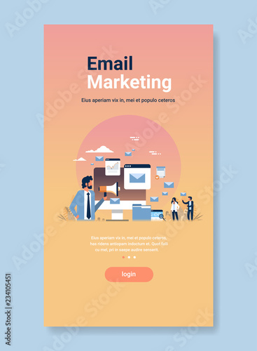 businessman announcer hold megaphone email marketing concept send business mail envelope online communication vertical copy space vector illustration