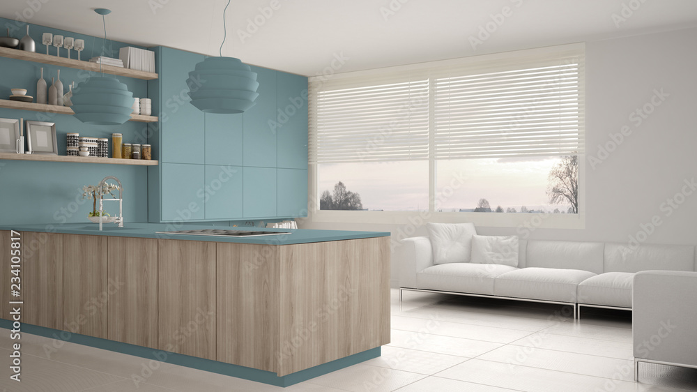 Modern blue and wooden kitchen with shelves and cabinets, sofa and panoramic window. Contemporary living room, minimalist architecture interior design Modern blue and wooden kitchen with shelves and cabinets, sofa and panoramic window. Contemporary living room, minimalist architecture interior design