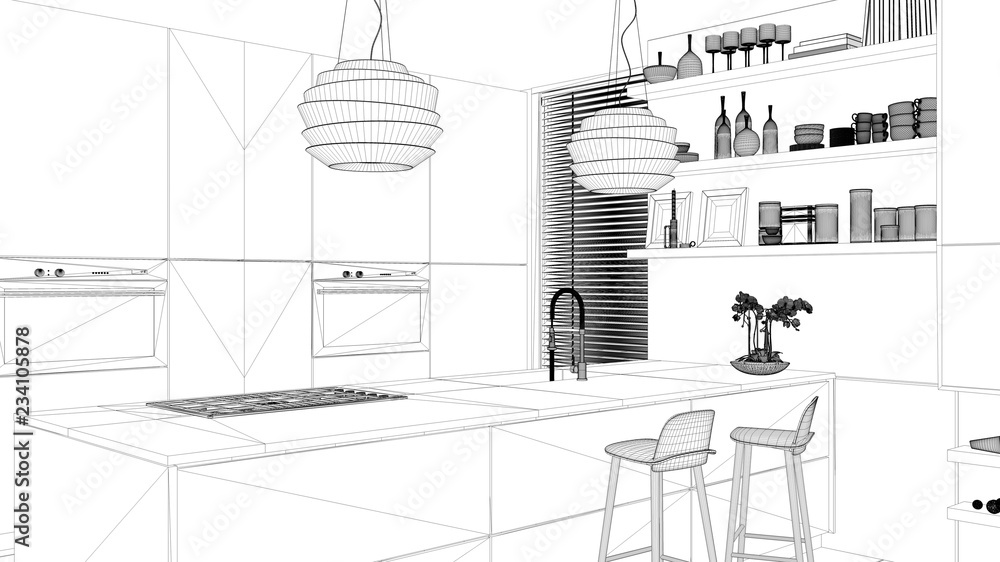 Interior design project, black and white ink sketch, architecture