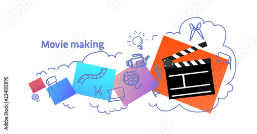cinema movie making concept sketch doodle horizontal isolated flat vector illustration