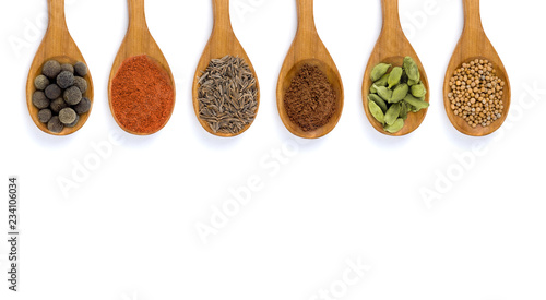 top view set of spices flat lay frame isolated on white
