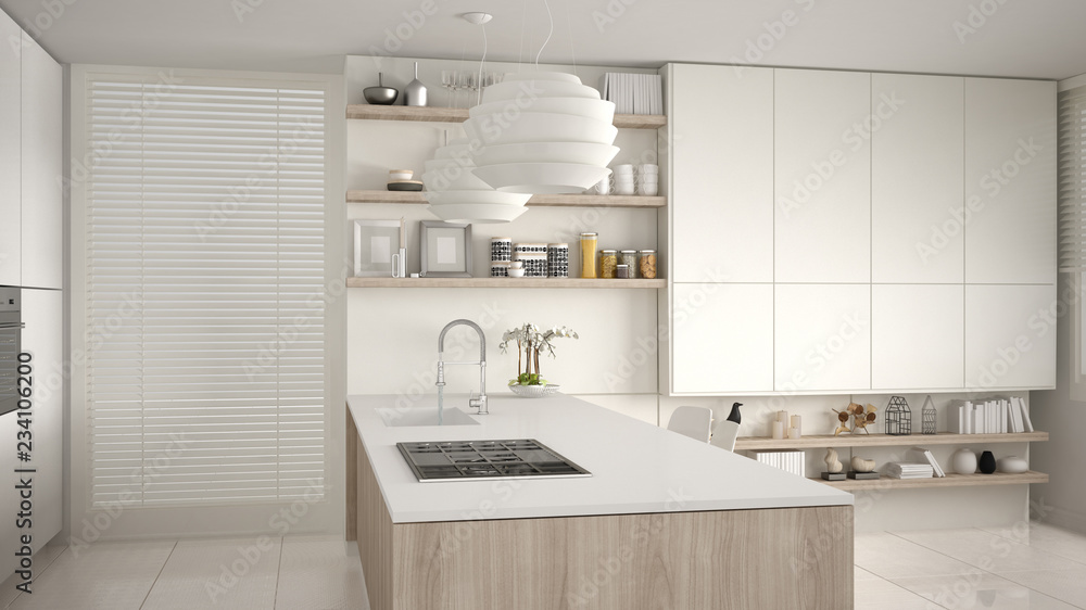 Modern white and wooden kitchen with shelves and cabinets, island with gas stove and sink. Contemporary living room, minimalist architecture interior design