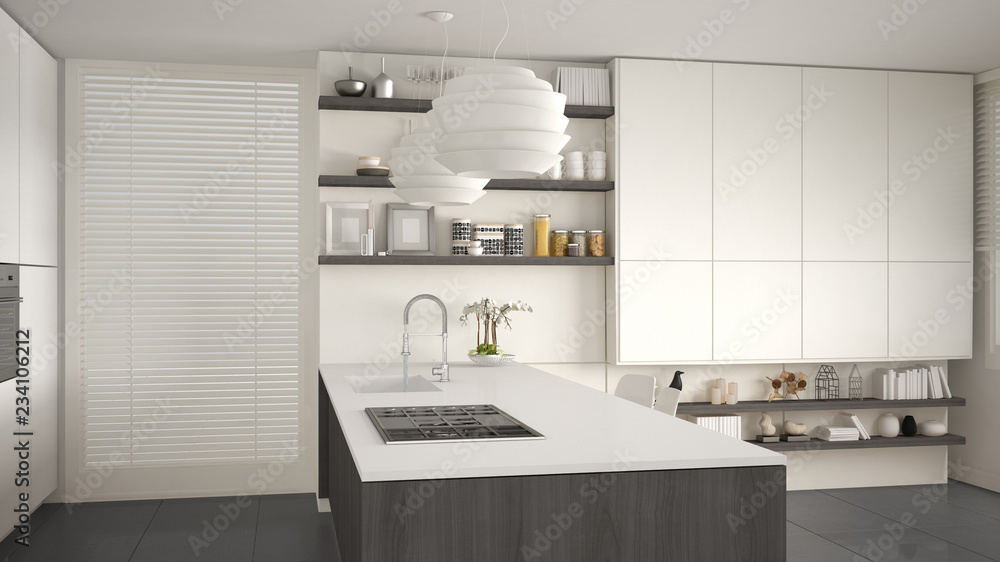 Modern Style Kitchen Light Counter Top Sink Hob Oven Kitchen Stock