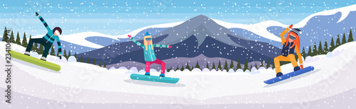 snowboarders group sliding down snowy mountain fir tree forest landscape background people snowboarding winter vacation flat horizontal vector illustration