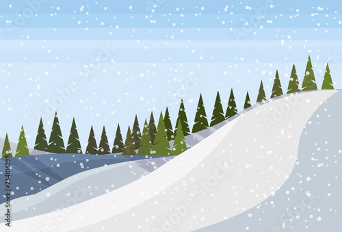 Winter snowy mountain fir tree forest landscape background horizontal flat vector illustration