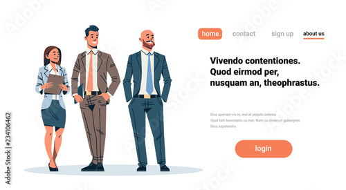 business people team looking something businessmen woman standing together holding folder teamwork concept male female cartoon character full length isolated horizontal flat copy space vector