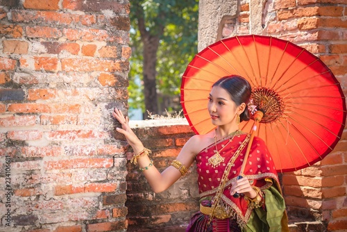 Asia woman in Thai dress traditional-Noppamas Queen Contest in Loy Kratong photo