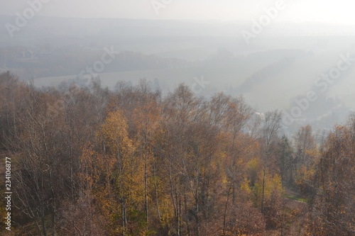 Neblig dunstige Hügellandschaft am Herbstwald mit Ausblick auf Hügellandschaft