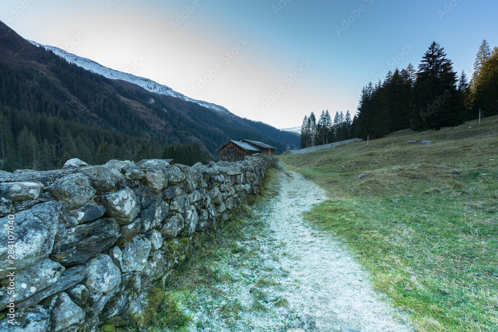Fototapeta premium mountain landscape and valley with forest and snow-capped mountain peaks and an old rock wall with wooden huts and chalets behind