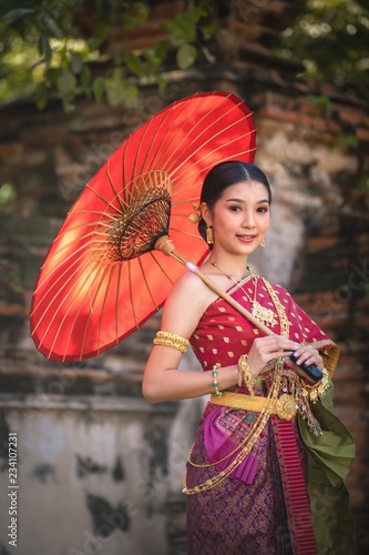 Asia woman in Thai dress traditional-Noppamas Queen Contest in Loy Kratong