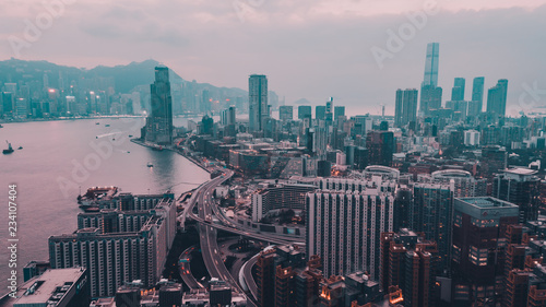 Photography Aerial Shot From Flying Drone Beautiful Cityscape of Hong Kong Skyline