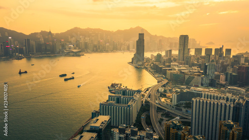 Photography Aerial Shot From Flying Drone Beautiful Cityscape of Hong Kong Skyline