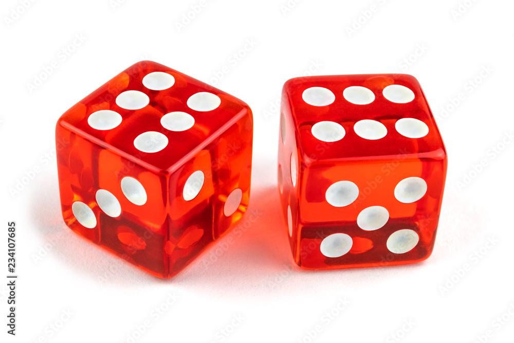 Two red glass dice isolated on white background. Six and six. Two red glass dice isolated on white background. Six and six.