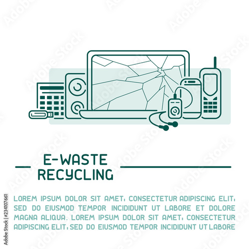 E-waste info poster ready concept with old appliances and inscription. Line style vector illustration. There is place for your text