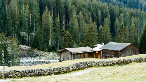 mountain landscape and valley with forest and an old rock wall with wooden huts and chalets behind