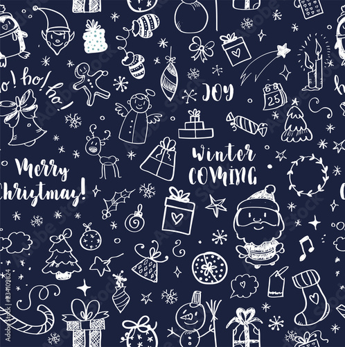 Seamless Doodles Christmas Pattern. Cartoon boundless background. Christmas tree and baubles, Santa sock, hat and beard, mistletoe, gifts, candy canes, snowman, swirls, gingerbread man, deer.