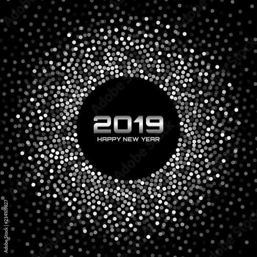 New Year 2019 Card Background. Glitter paper white confetti. Glistening Gray Disco Lights. Gray silver circular frame using halftone circle confetti dots texture. Christmas border element. Vector