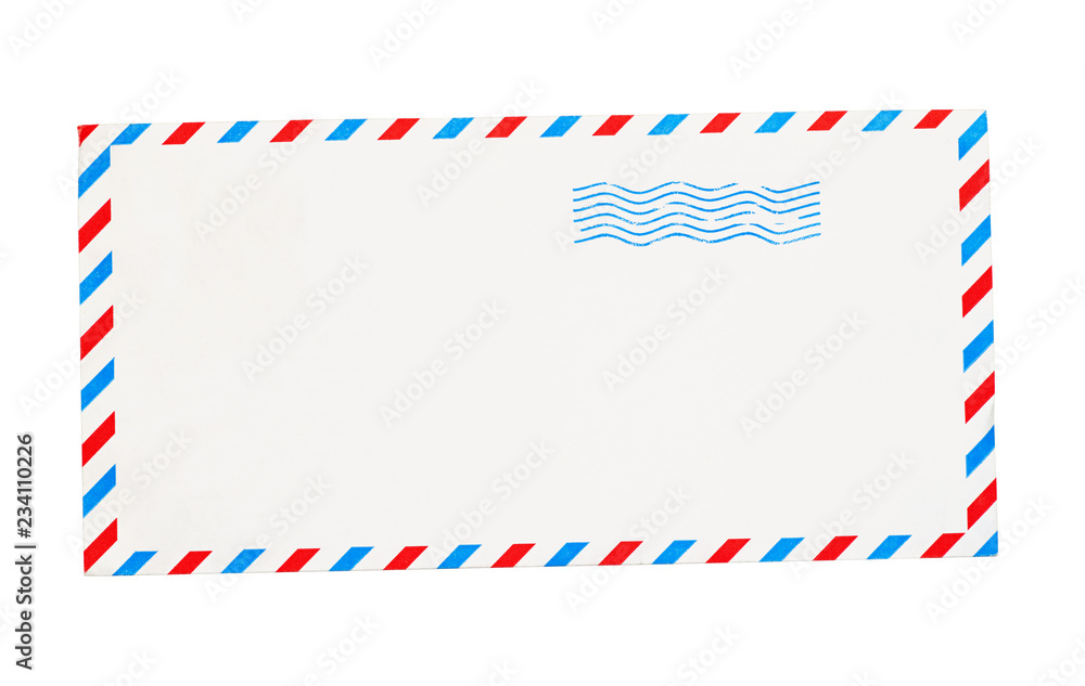 Fototapeta premium Empty envelope with red and blue borders isolated on white background. Top view. Flat lay.