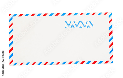 Empty envelope with red and blue borders isolated on white background. Top view. Flat lay.