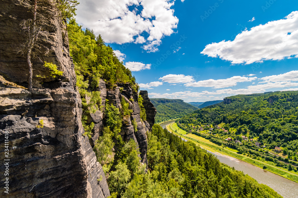 Obraz premium Sandstone towers along Elbe river valley, Saxon-Bohemian sandstone region, Bohemian Switzerland, Czech republic
