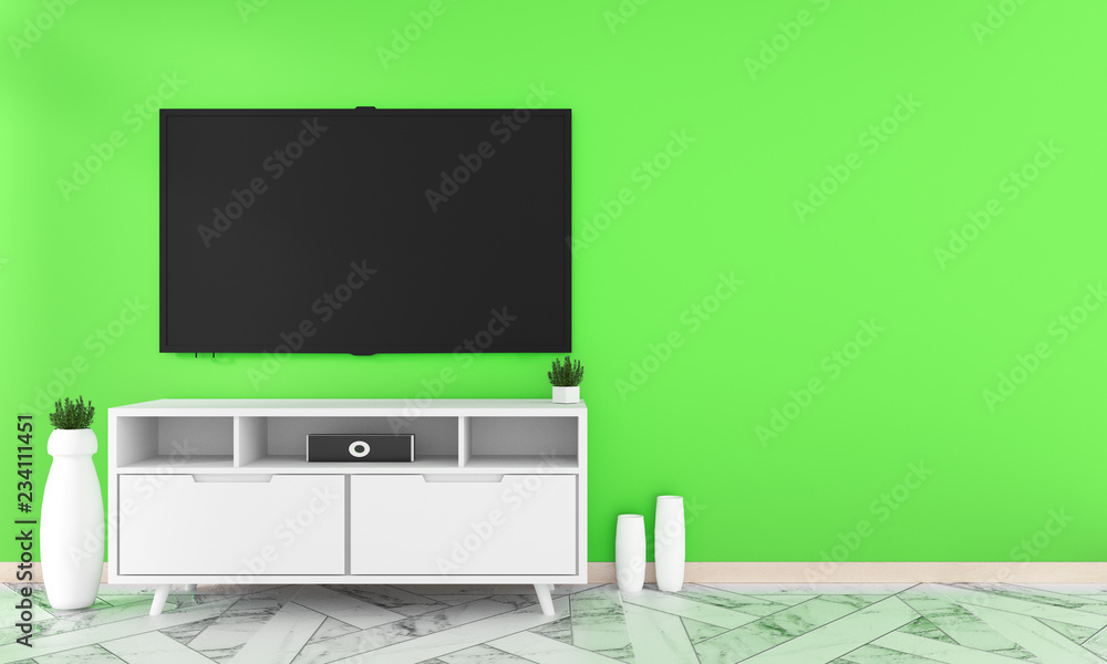 Tv on cabinet design in room interior granite tile floor on green wall ,minimal designs zen style, 3d rendering