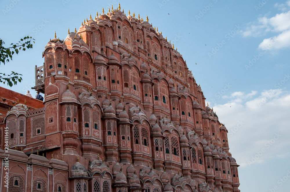 Pink facade of the Hawa Mahal, the palace of the winds, in Jaipur, Rajasthan