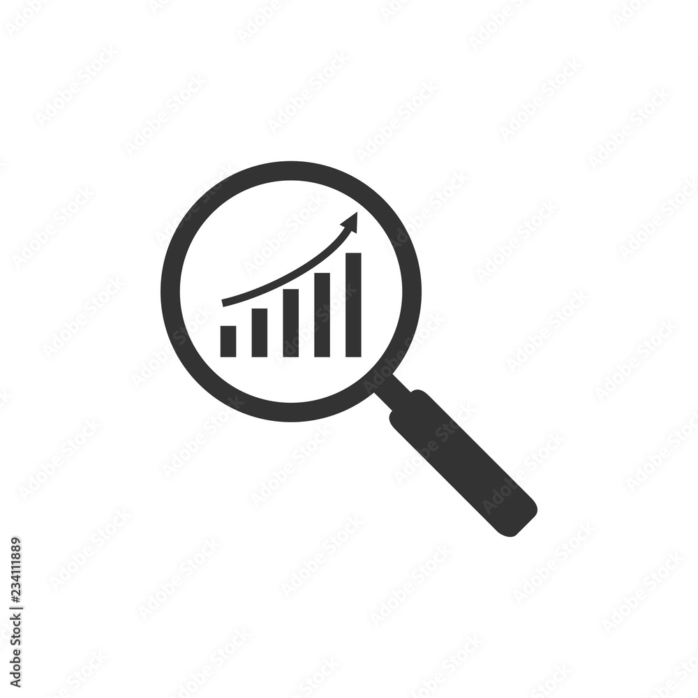 Magnifying glass, graph, chart icon. Vector illustration, flat design. Magnifying glass, graph, chart icon. Vector illustration, flat design.