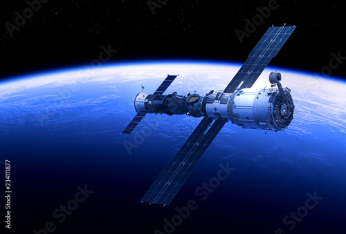Space Station And Spacecraft Orbiting Blue Planet