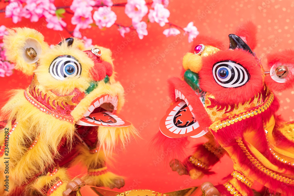 chinese traditional dancing lion with Gold ingot, chinese traditional dancing lion with Gold ingot,